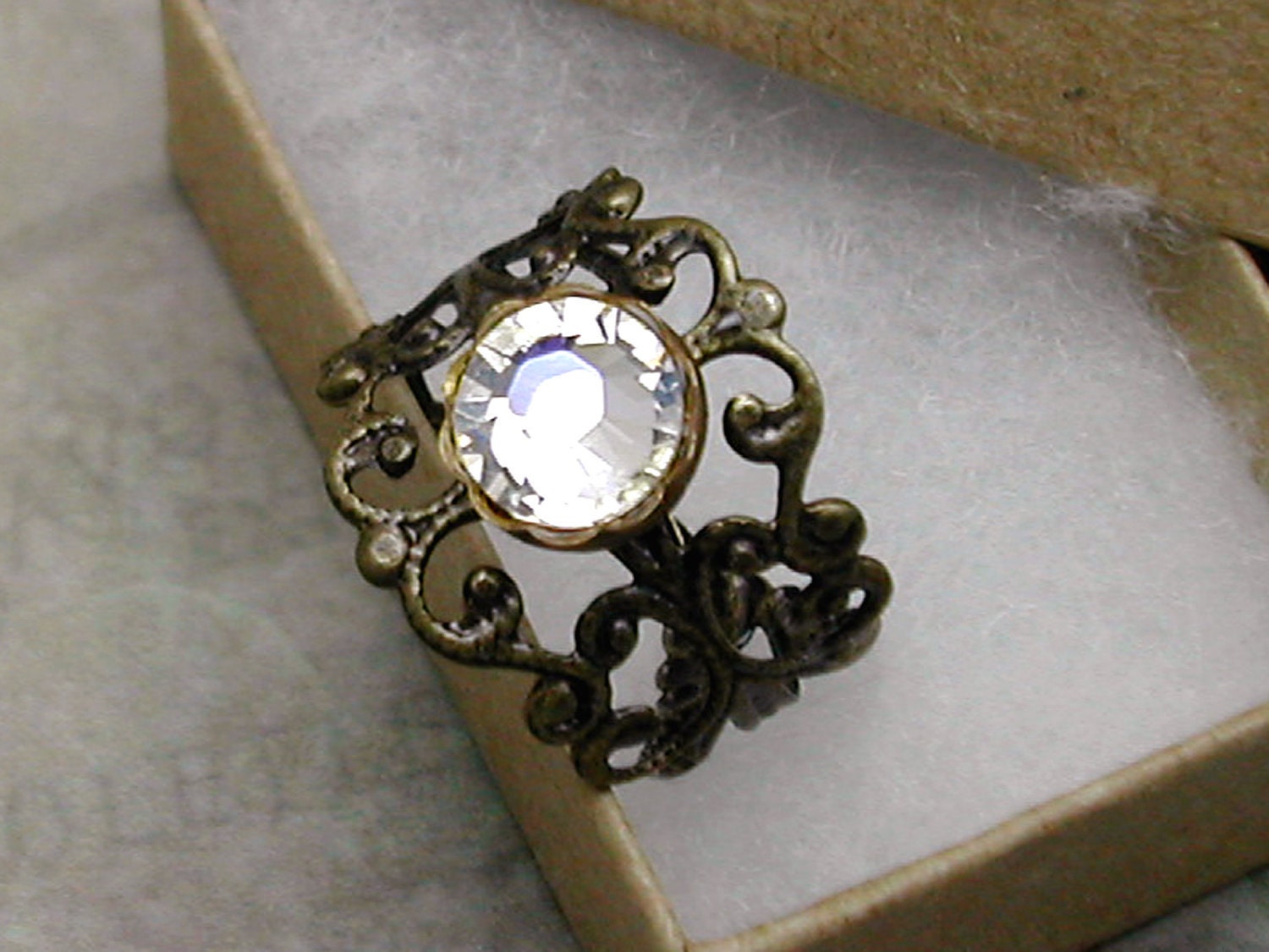 Crystal Victorian Ring Swarovski Crystal "Moonlight" on Filigree Adjustable Ring