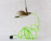10% SALE - Vintage Industrial Clip Clamp Light with Antique Lamp Shade and Neon Yellow Green Cord