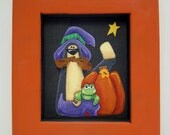 Halloween, Folk Art, Cat, Frog and Pumpkin, Tole Painted, Framed in Orange