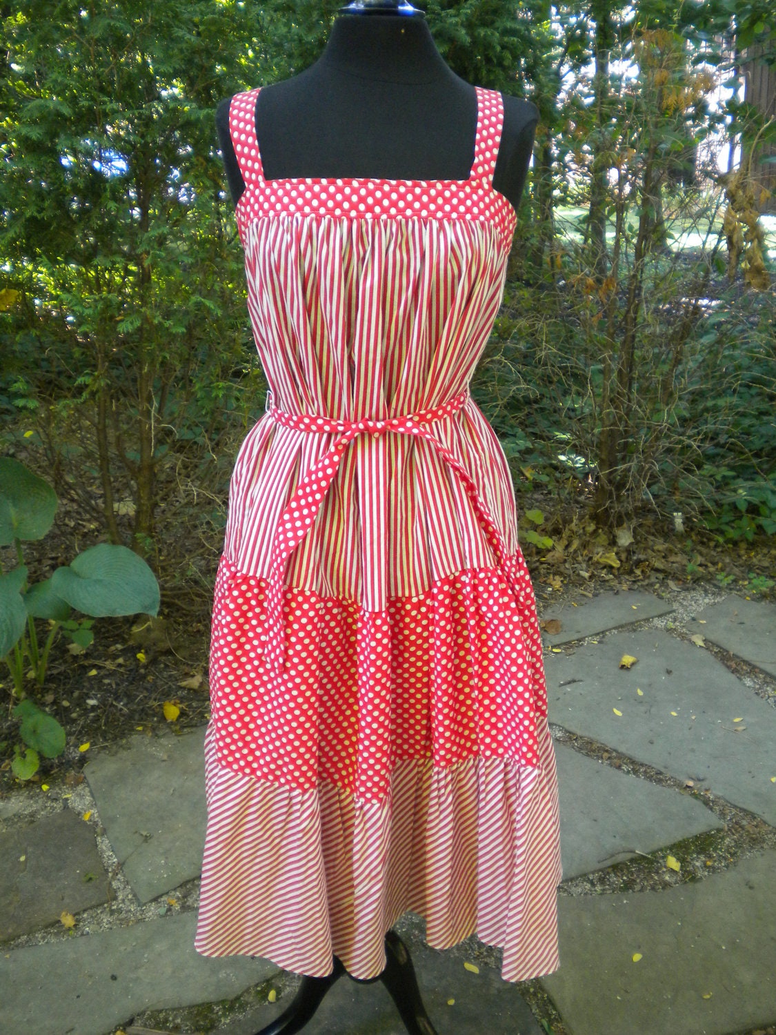 Vintage 70s Cotton Dress: Candy Cane Stripes and Polka Dots in Red and White