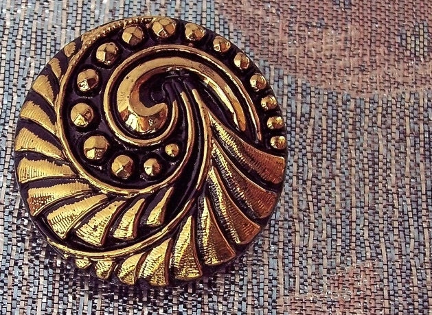 Czech Glass Button Black Gold Spiral Pinwheel Shank 27mm Sewing Sew On Clothing Coat  Formal