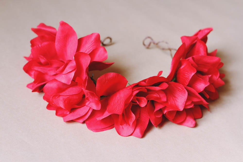 floral crown headband hair wreath - red, love, romantic statement headpiece, large flower crown, oversized.