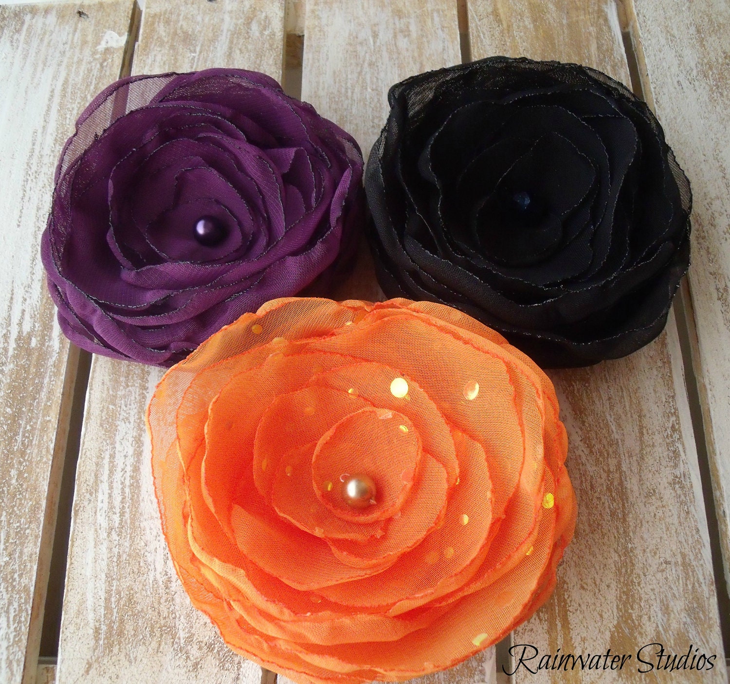 Wedding Hair Flower Clip Trio- Halloween Orange, Black, Mystic Purple