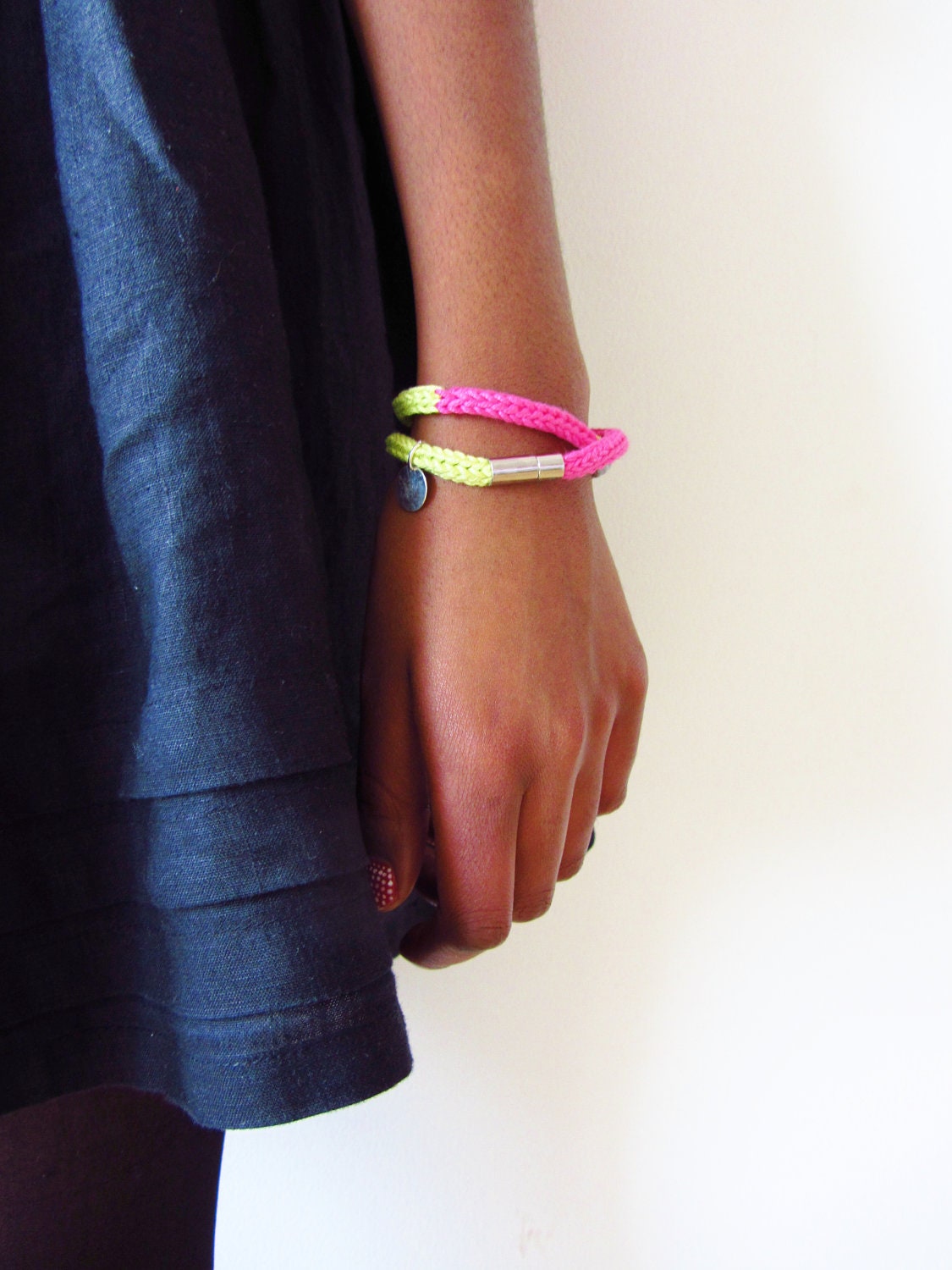 Knitted Bracelet in Neon - Whimsical Fiber Jewelry