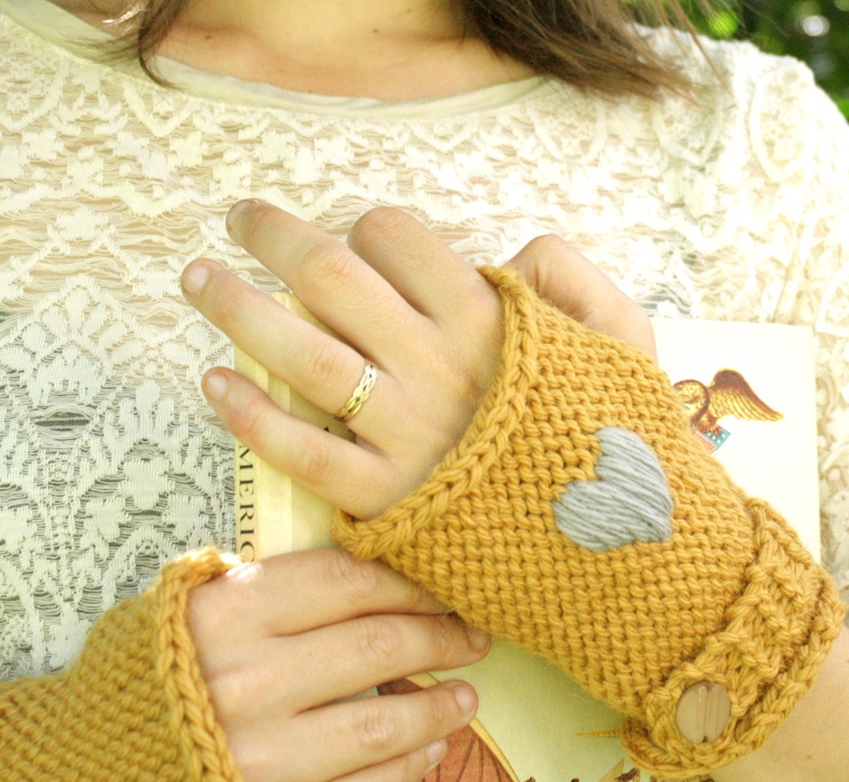 Heart in Your Hand Warmers - Fingerless Mitts with Button Strap -  Mustard Yellow