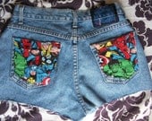 The Avengers Marvel Comic Red Bow Thor Captain America Spiderman Birthday Party Wolverine Widow Hulk Iron Man Coachella Denim Jean Shorts