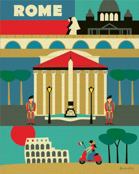 Rome, Italy Illustration Collage - European Travel  Poster Print  Art for Home, Office, Nursery -  style E8-O-ROM