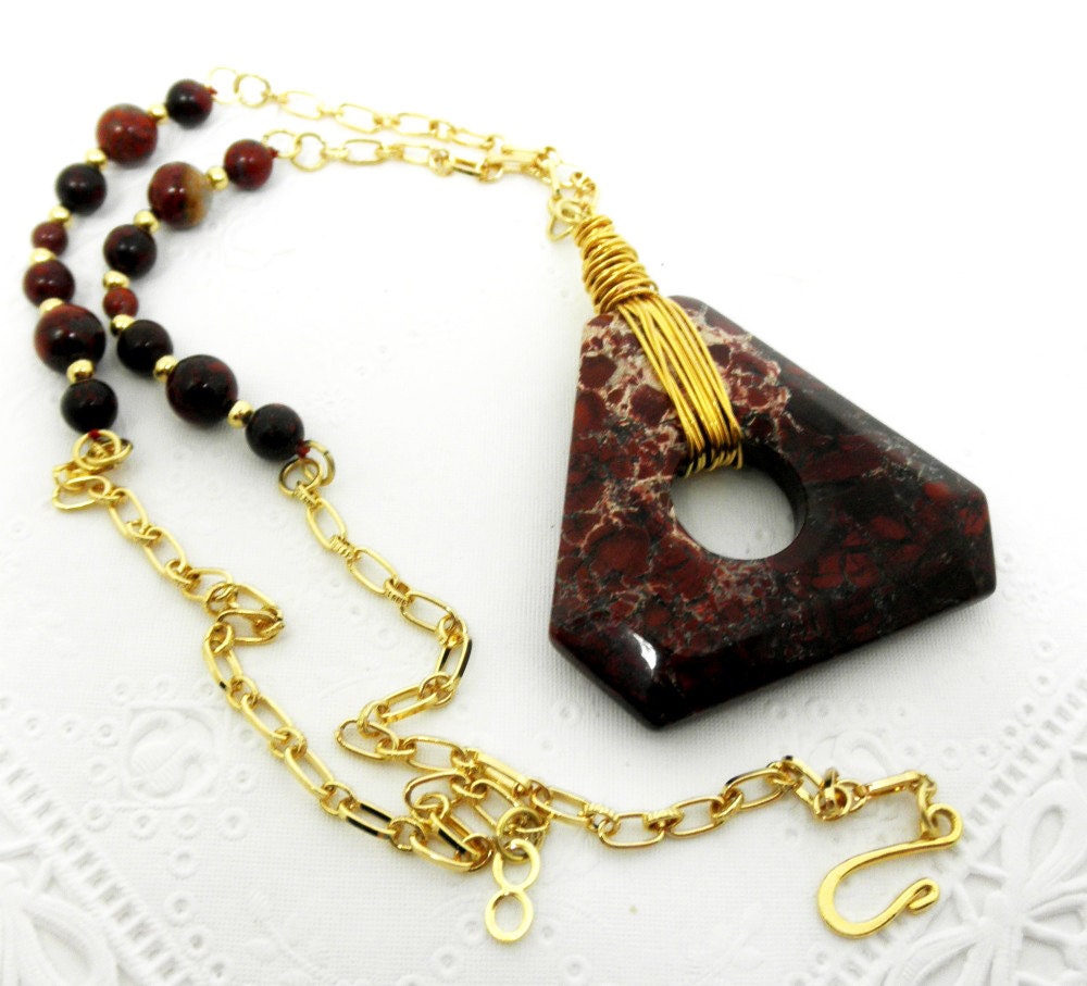 Poppy Jasper and Gold Chain Trillion Pendant Necklace