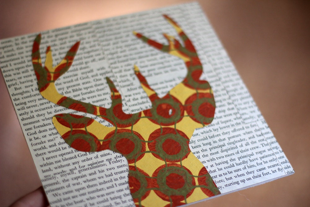 Deer Head Silhouette With Antlers in Fall Colors, Woodland Wall Art,Deer Silhouette in Orange, Yellow and Gold, 8x8" OOAK Collage on Birch
