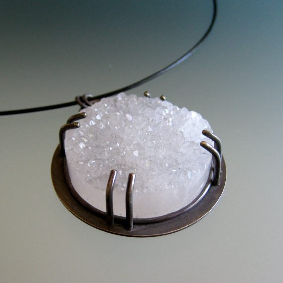Raw Druzy Drusy Agate Sterling Pendant Necklace, Dragonfly Cutout, Black White Pendant
