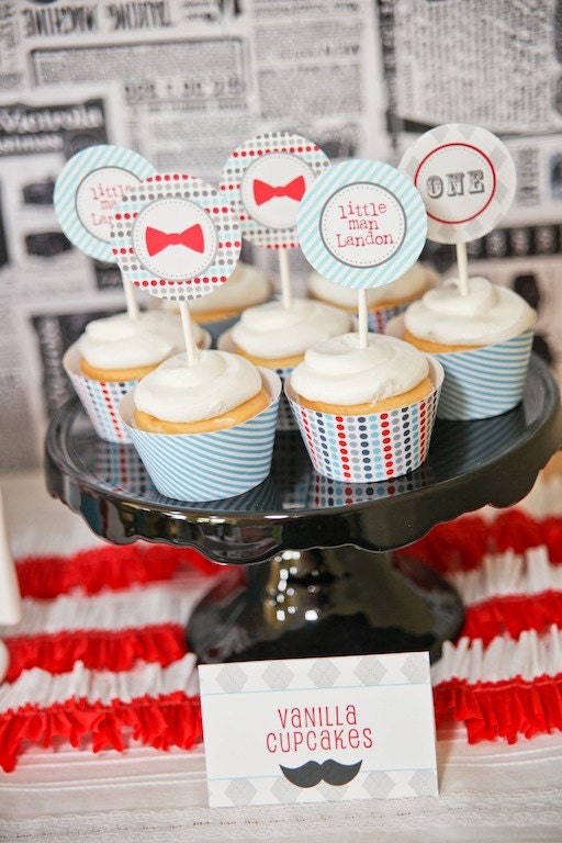Little Man Bow Tie Mustache Bash Printable Party Dots/Cupcake Toppers - Birthday Party or Baby Shower - Petite Party Studio