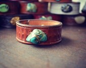 LUX Recycled 1 Inch Stamped Brown Leather Bracelet Bohemian Turquoise Gemstone Cuff
