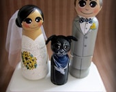 Wedding Cake Topper / Custom Painted Wood Peg Dolls/ Personalized Plaque / Couple Plus 1 small peg (perfect for children or pets) and Plaque