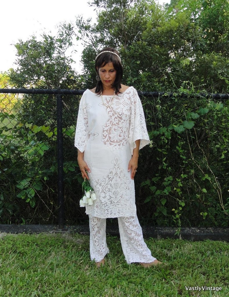 Lace Bridal Wedding Pantsuit Vintage White Quaker Lace Tunic Pants Hippie Bride by vastly vintage on etsy