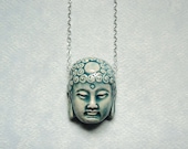 Buddha necklace.  Raku pottery.  Sterling silver chain.  Blue.  Spiritual.