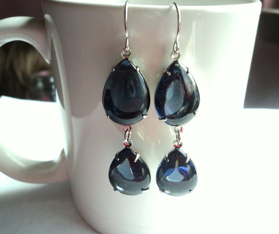 Sapphire blue vintage glass double stone tear shape silver dangle earrings.  Old Hollywood.  Bridal earrings.  Wedding earrings.  NEW ITEM.