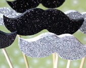 Six WOODEN Glittered Mustaches on a Stick Photo Booth Props Silver and Black Glitter