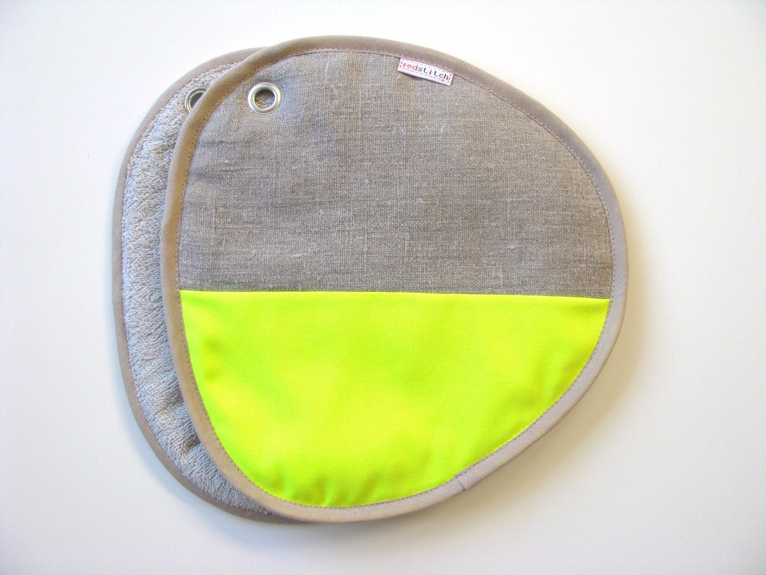potholders - neon yellow and neutral linen pair of potholders - modern home - contemporary kitchen - color block