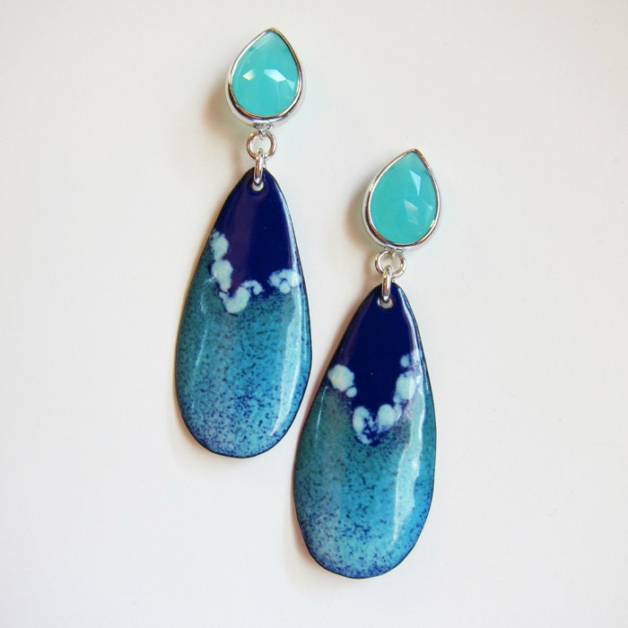 Seafoam Green, Royal Blue Teardrop Earrings, Enamel Jewelry, Handmade Turquoise Earrings, Bohemian Jewelry, Art Deco