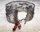 Black and Silver Beaded Ribbon Bracelet with Red Charms Formal Goth Steampunk Cuff Sparkle Gunmetal Victorian Vintage Look Boho Bohemian
