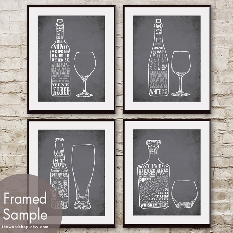 Red Wine, White Wine, Beer and Whiskey (Top Shelf Alcohol Series) Set of 4 11x14 Art Prints (Featured in Charcoal)