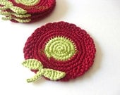 Deep Red Green Light Flowers Crochet Coasters . Cherry Wine Leaves Beverage Drink Decor Crochet Garden Collection - Set of 4 Made to Order