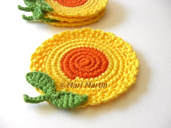Yellow Orange Flowers Crochet Coasters . Honey Mustard Golden Sun Leaves Decor Crochet Spring Garden Collection - Set of 4