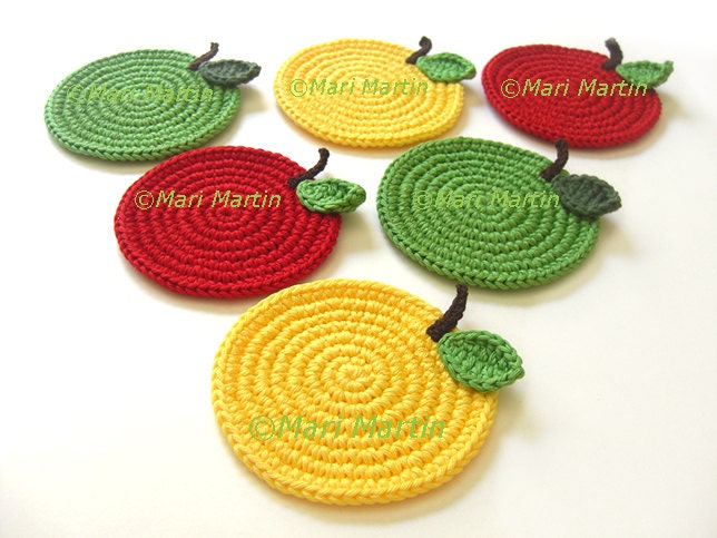 Apple Crochet Coasters Mix . Kitchen Decor Drink Healthy Vegan Decor Crochet Fruit Collection - Set of 6
