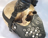 2 pc. set of Black Faux Leather Eyelet Spike Steampunk Dust Riding MASK with Matching GOGGLES - A Burning Man Must Have