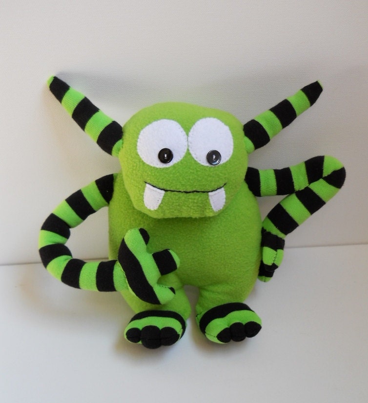 sale monster plush sock animal creature lime green stripes soft sculpture  called Zippa
