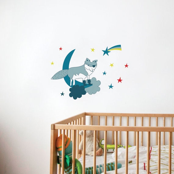 Kids Wall Decal Pirate Wolf Decal Boys Bedroom Decal with Clouds Stars Moon Wall Stickers  in Blue