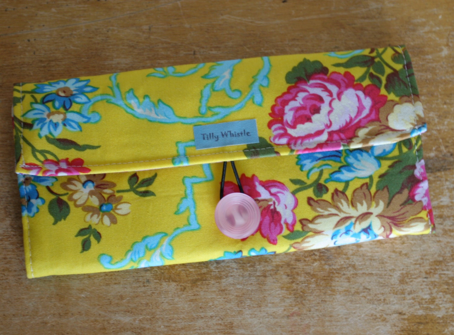 Handmade Wallet  Womens Wallet  Vegan Wallet  Bright Yellow and Pink Fabric