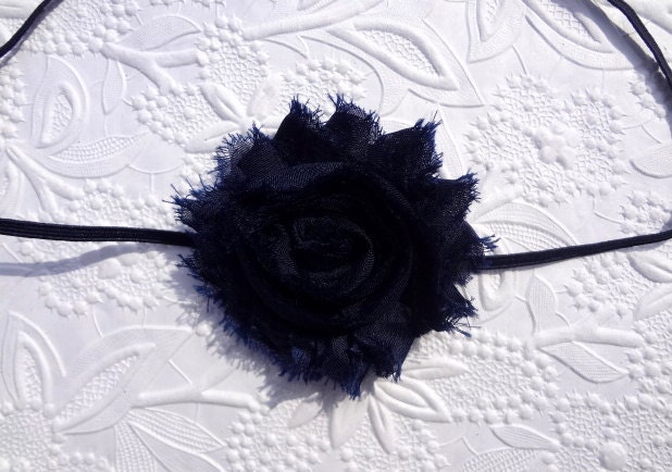 Navy Blue Flower Headband - Shabby Chic Chiffon Flower - Skinny Elastic Headband - Newborn Headband to Adult Headband