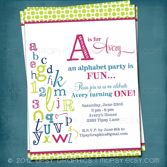 ABC Colorful Alphabet Birthday Party Invitation. Any colors and text by Tipsy Graphics Il_570xn