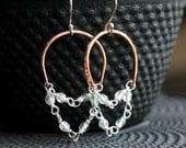 Handmade dangle chain hoops, green Czech glass beads, copper earrings, sterling silver, mixed metal, wire wrapped