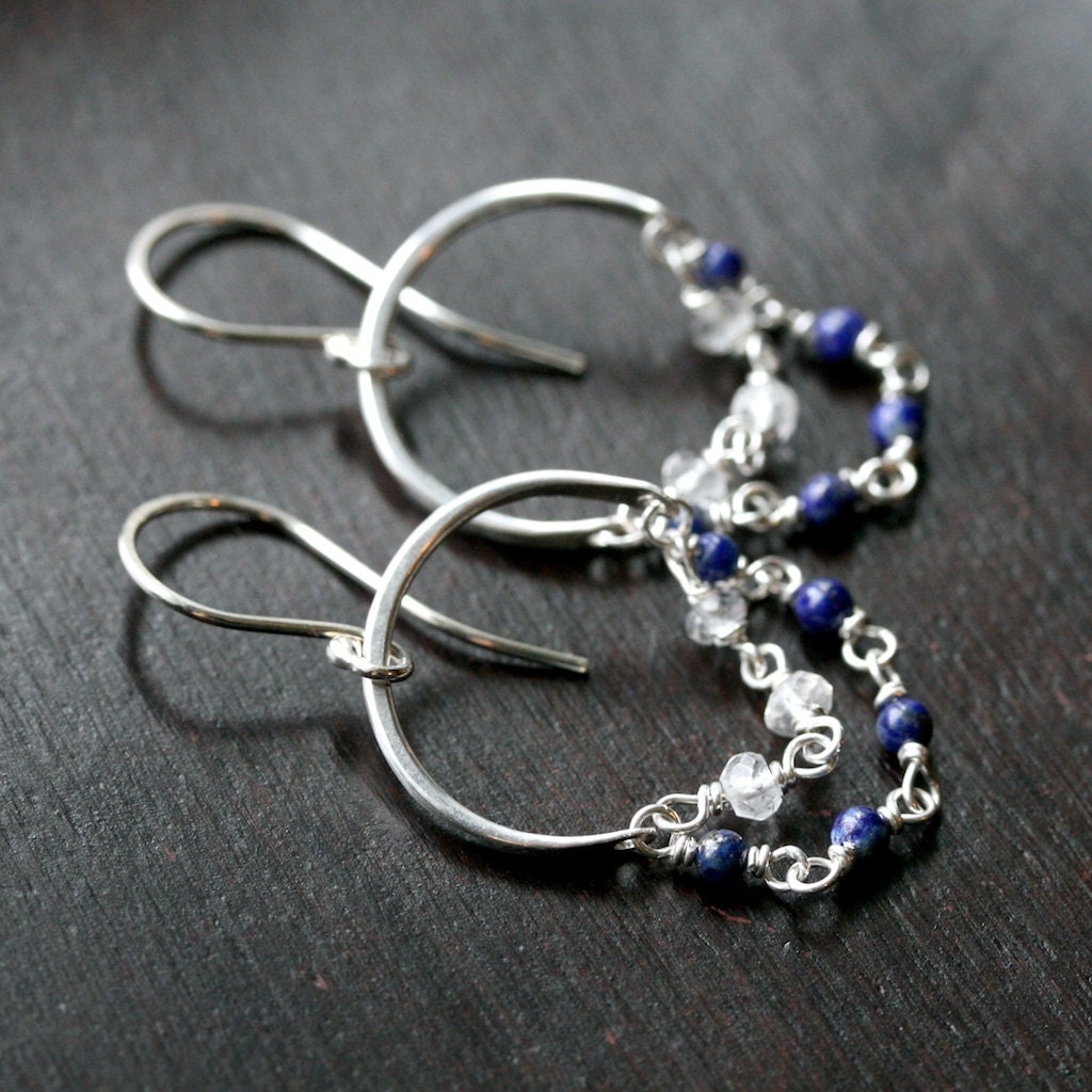 Handmade dangle hoops, lapis earrings, white topaz, sterling silver earrings, blue, white, wire wrapped, Mimi Michele Jewelry