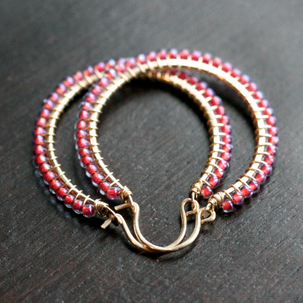 Handmade red and blue beaded hoops, large, Toho seed beads, 14k gold filled, wire wrapped hoops, Mimi Michele Jewelry