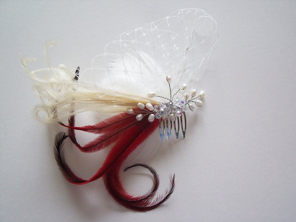 Ivory Feather Fascinator - Bridal Feather Fascinator - Birdcage Veil Fascinator - Bridal Feather Headpiece