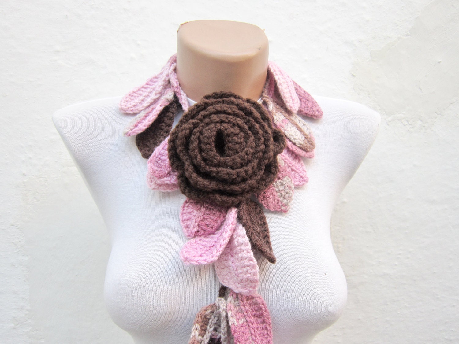 Removeable Brooch Pin Handmade crochet Lariat  Scarf Pink Brown  Colorful Variegated Long Necklace  winter fashion