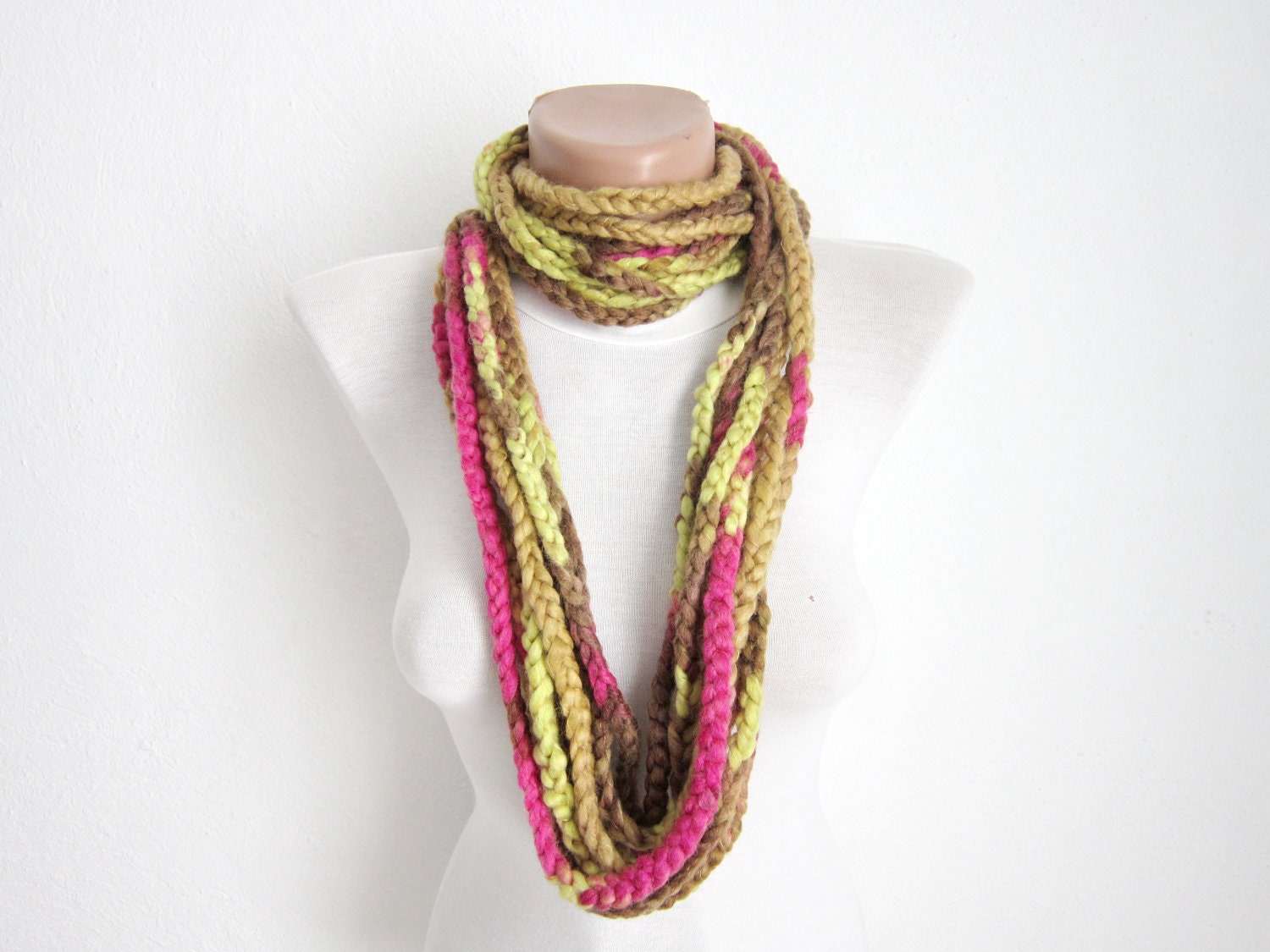 Crochet Scarf infinity Green brown pink Necklace Colorful Variegated Long Winter Accessories-chain loop scarf