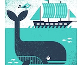 Whale & Bird Screenprint Poster for Kid's Room