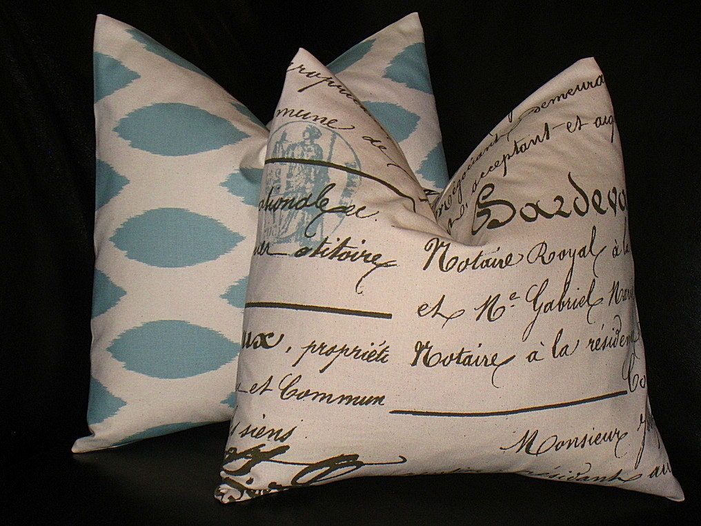 BLUE Pillows Set of TWO 20 x 20 inches Designer Fabric Throw Pillow Covers IKAT French Script 20 inches Spa Blue, Brown on Natural 20"
