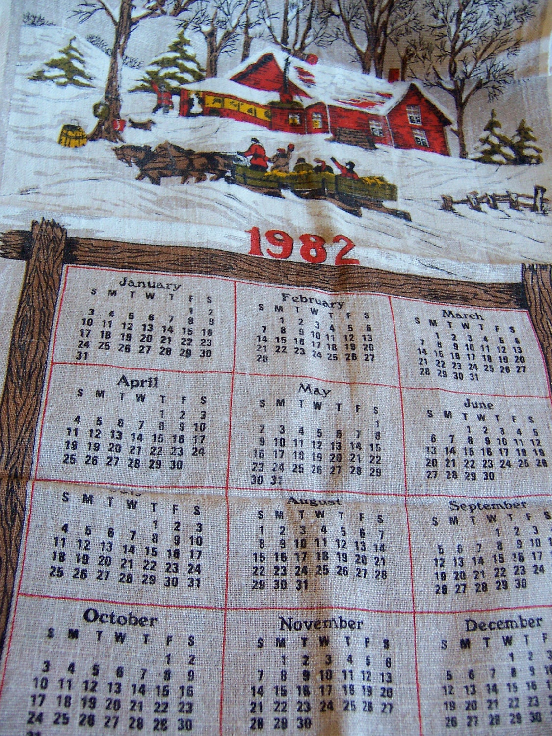 1982 winter scene kitchen towel calendar