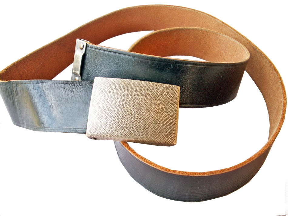 Vintage Army Surplus Black Leather Belt - Looks Great With Jeans