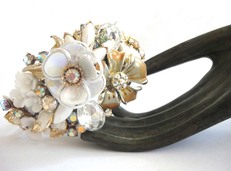 Vintage repurposed wedding bracelet - shabby chic white and champagne bridal cuff - bridesmaids gift - wedding jewelry