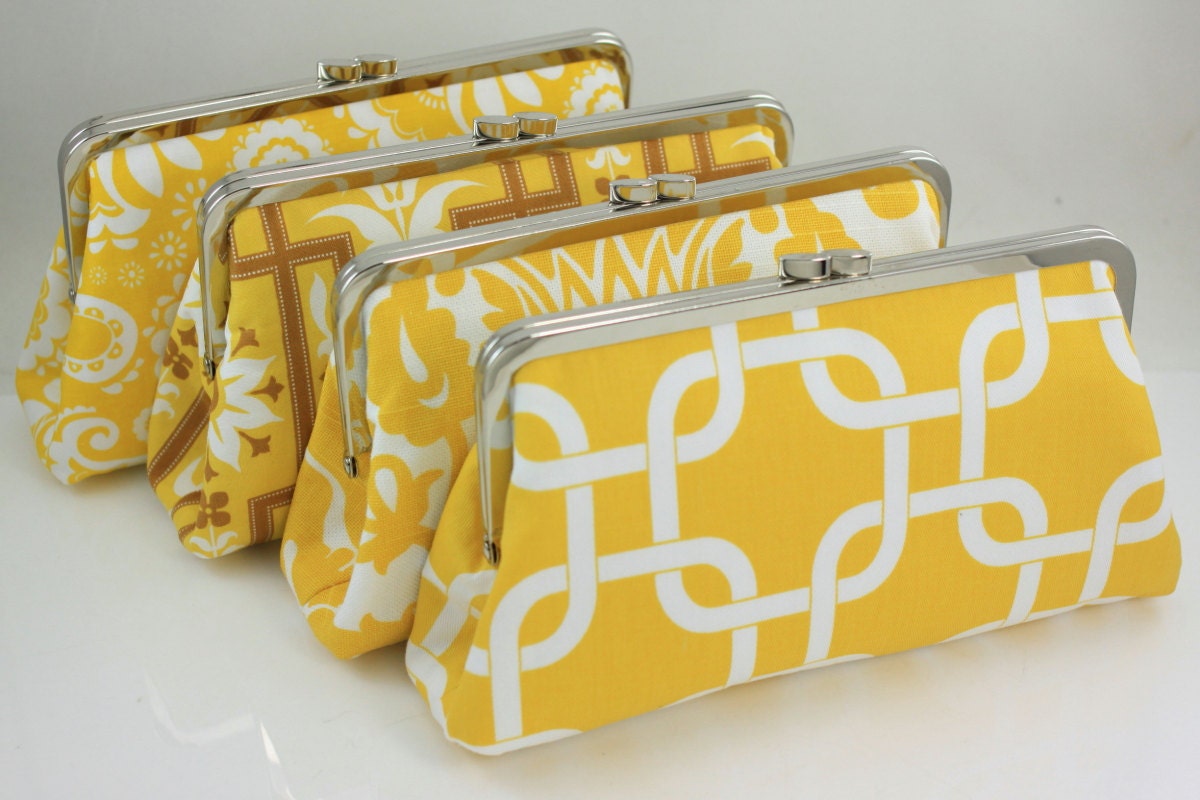 Yellow & White Color Scheme - 8 inches Bridal and Bridesmaid's Silver Frame Clutch - Set of 4