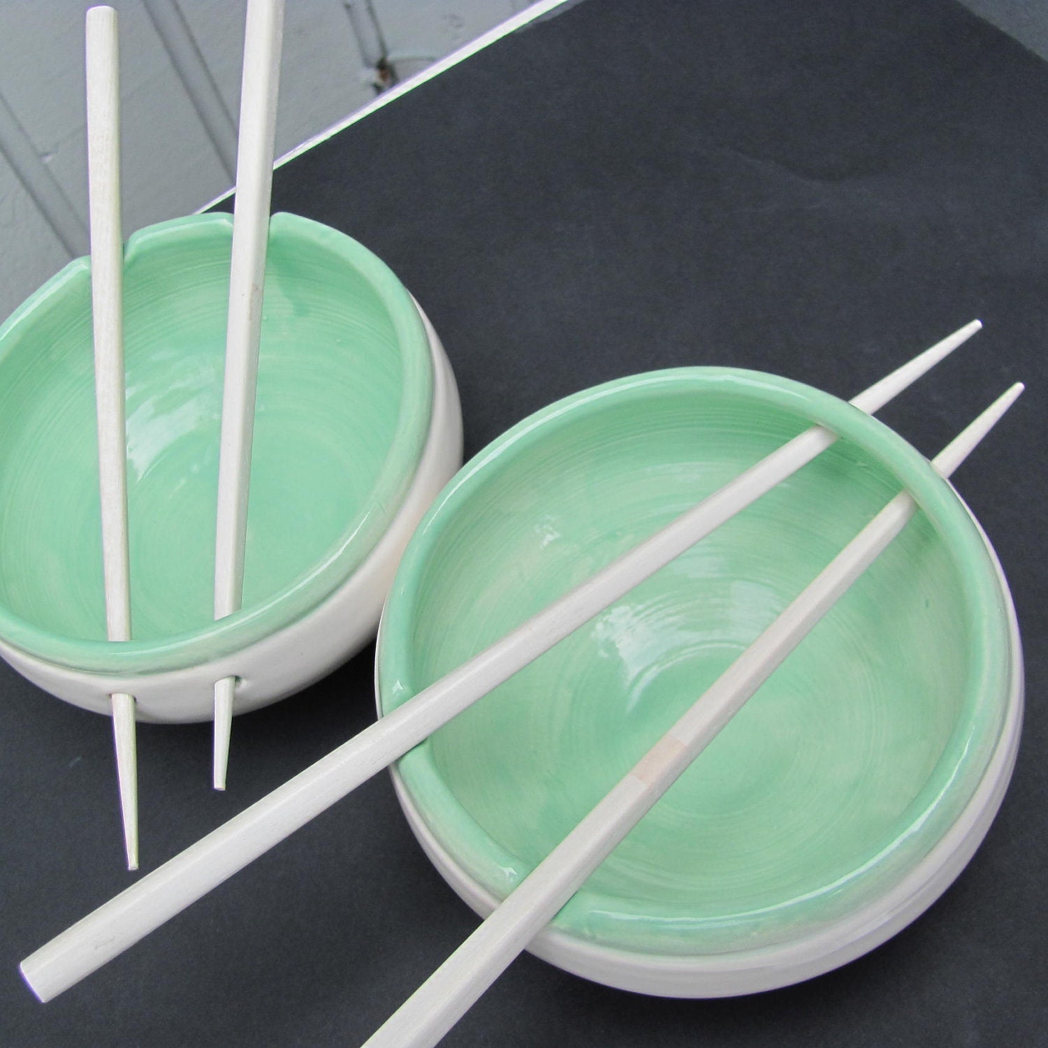 Pottery Rice Bowls Ceramic Noodle Bowls Set of Two  with Chop Stix  Ceramic Handmade Stoneware Clay Turquoise and White