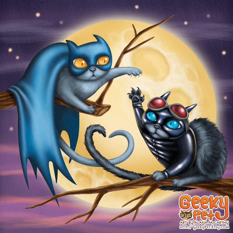 Batcat and Catwoman - 8x8 art print - Batman cat and Catwoman cat have a love hate relationship in front of a full moon