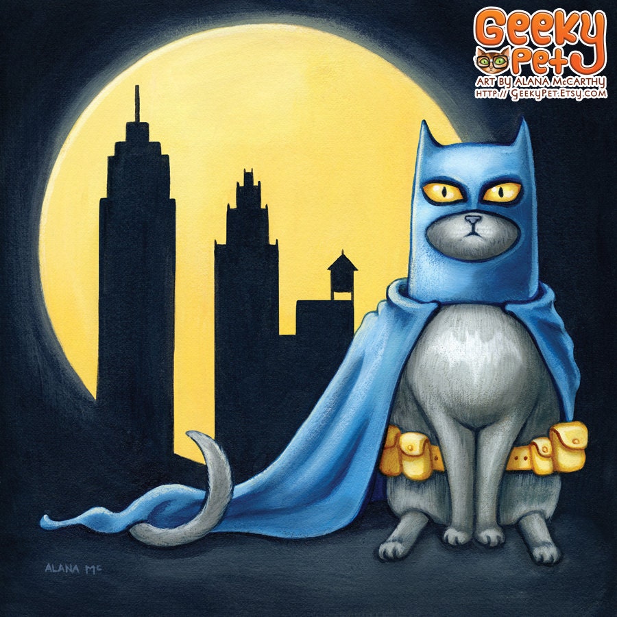 Batcat - 8x8 art print - superhero cat dressed like batman wearing his utility belt in front of a full moon and city line