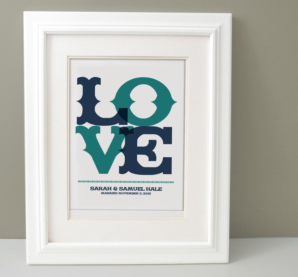 Typographic LOVE Personalized wedding gift, Custom Anniversary Present, Wedding Shower Gift 11x14, navy, teal, peacock, custom